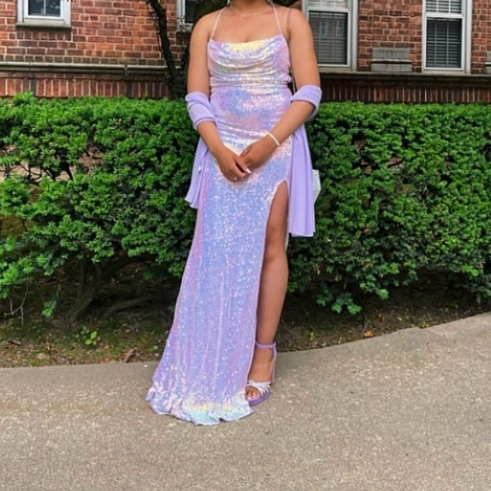 Lavender Iridescent Glitter Gown Backless Lace Up Formal Dress